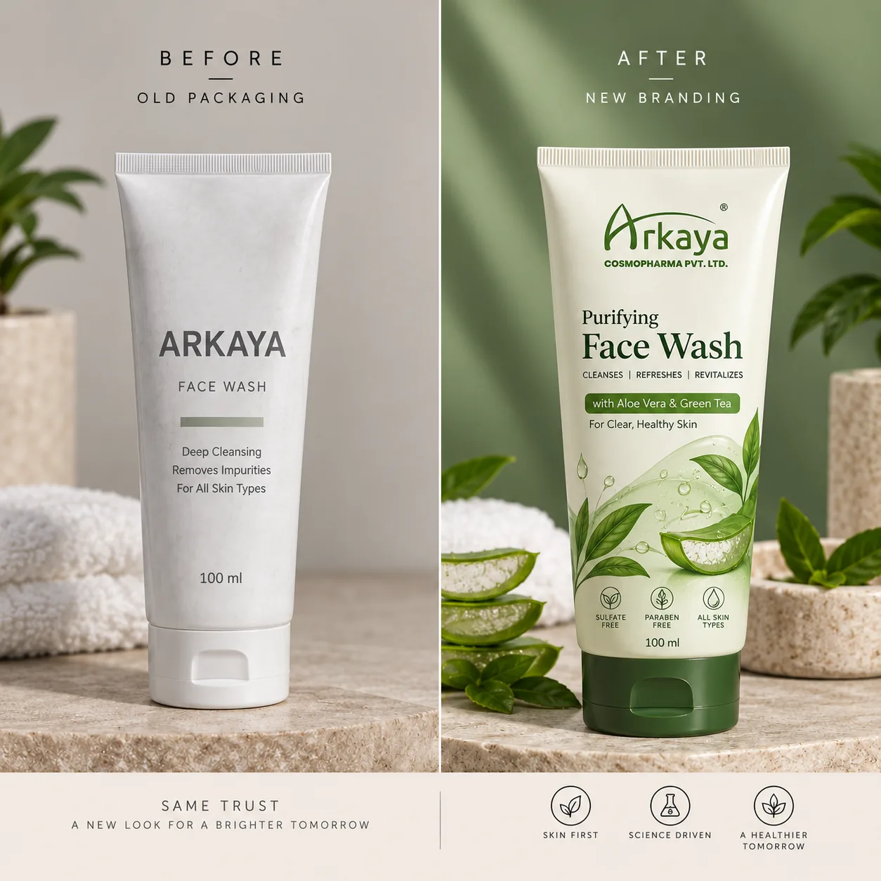 Arkaya face wash packaging, before and after the rebrand